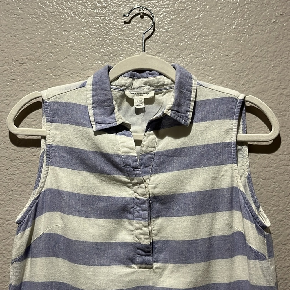 Beach Lunch Lounge Leandrina Blue Striped Linen Cotton Dress Pockets Sz S TC0295 - Picture 6 of 11
